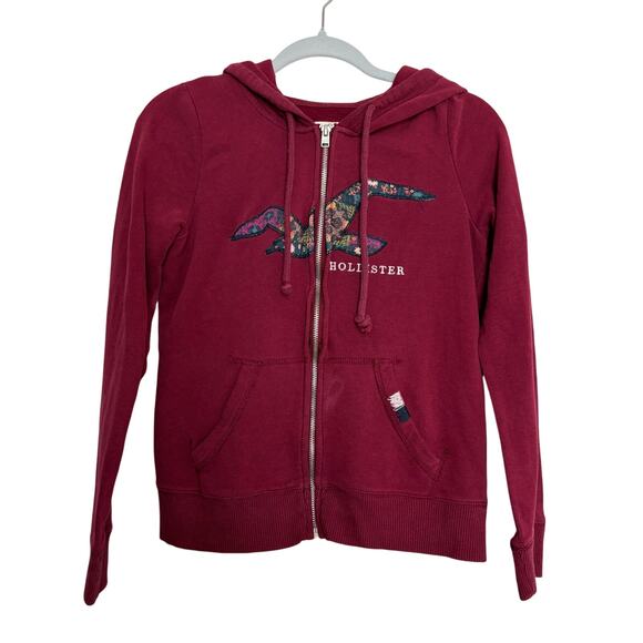 Hollister burgundy zip hoodie medium floral logo Y2K vintage cozycore See pics - Picture 5 of 10